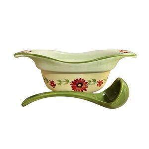 Pfaltzgraff Daybreak Gravy Server with Ladle Yellow Green Red Floral Gravy Boat
